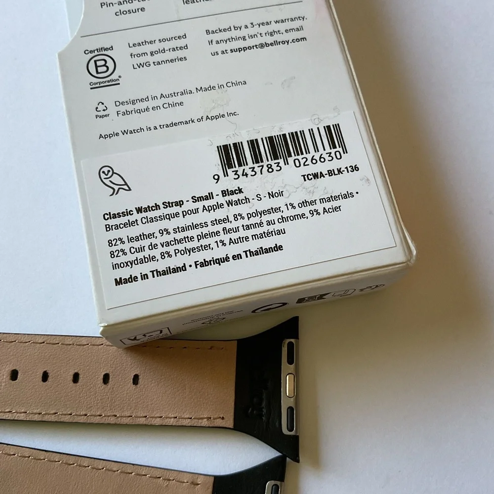 BELLROY CLASSIC APPLE WATCH LEATHER STRAP BLACK SMALL APPLE WATCH 38-42 NWT
